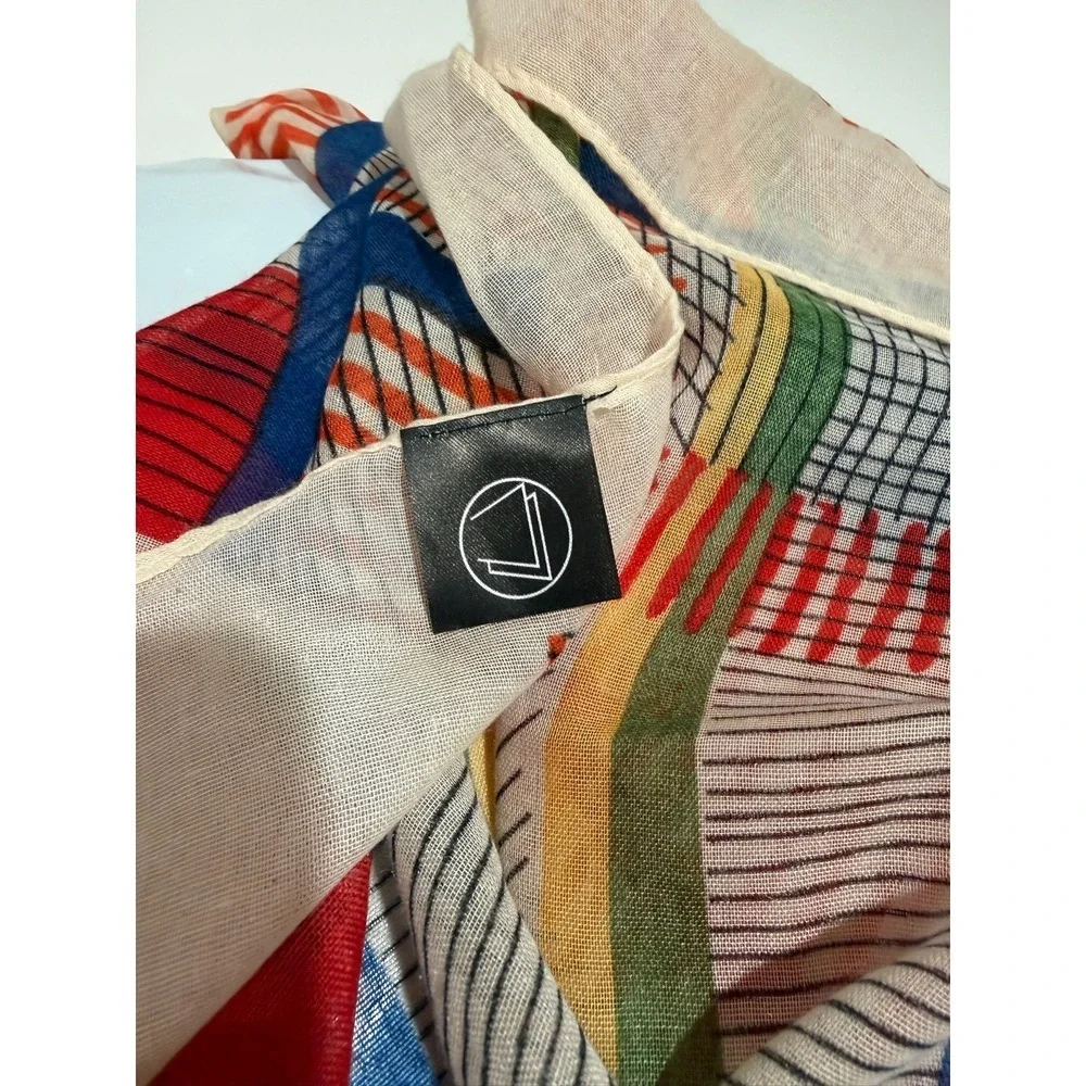 BoHoJJ Cream Red Blue Geometric Grid Tassel Wrap Lightweight  Scarf